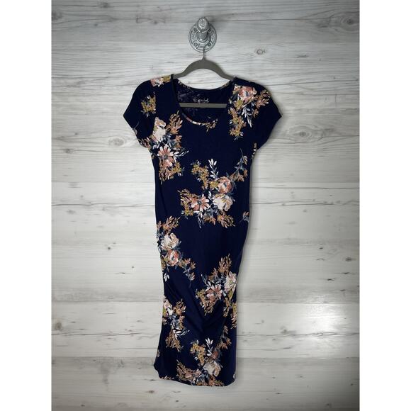 Isabel Maternity by Ingrid & Isabel Dress Womens Small Navy Floral Ruched Knit - Picture 1 of 9